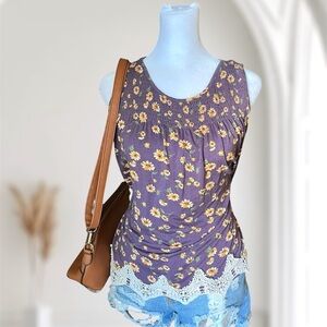 Floral Lace Trim Purple Top